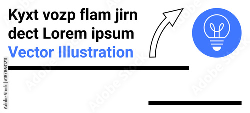 Innovation, creativity, graphic design, branding, marketing, idea presentation. Blue light bulb icon, arrow and placeholder text. Innovation and creativity concept with bold design elements