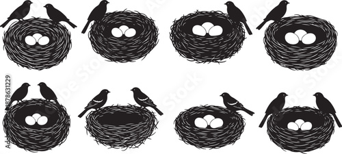 Hand-drawn bird nests and birds silhouettes vector set Vector