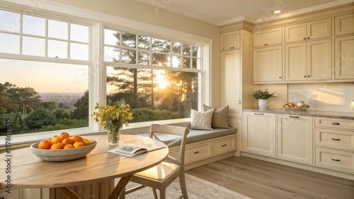 Sun-drenched breakfast nook with cozy window seating and scenic outdoor views bathed in warm morning light