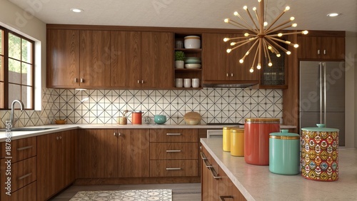 Warm Walnut Midcentury Modern Kitchen Interior Design with Geometric Tile and Sputnik Chandelier