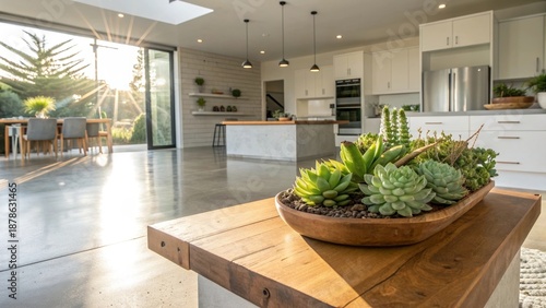 Contemporary Open-Plan Kitchen with Polished Concrete Floors and Succulent Centerpiece, bathed in Natural Sunlight
