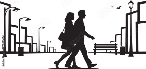 Couple walking together in city street at daytime silhouette