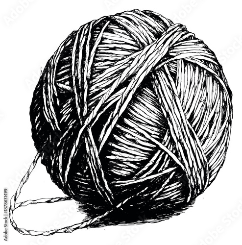 Hand drawn illustration of a ball of yarn depicting its textured winding strands for craft and hobby projects