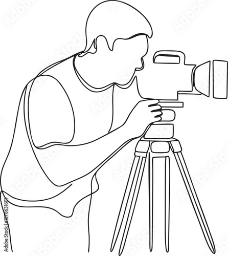 Man taking a photo with a camera on a tripod in a simple line drawing style