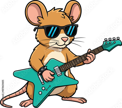 Cool Cartoon Mouse Rockstar with Sunglasses Playing a Teal Electric Guitar.