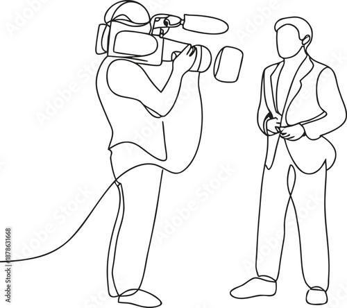 one line drawing of a cameraman filming an interview with a man
