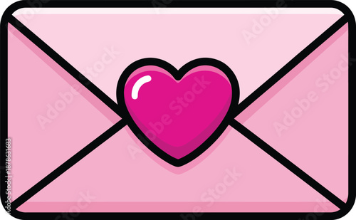 Cute pink cartoon envelope sealed with a glossy magenta heart and bold black outlines.