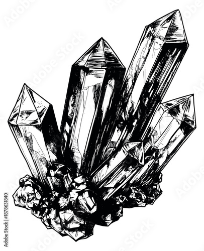 Hand drawn line art illustration of a crystal cluster depicting natural geological formations for spiritual and fantasy designs