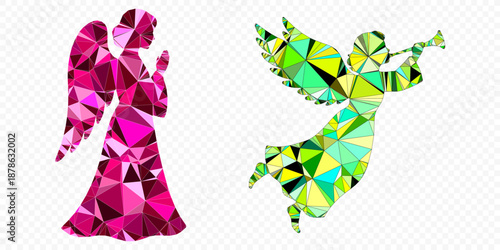 Low poly geometric angels set, colorful polygonal vector silhouettes of praying angel and flying angel with trumpet isolated on transparent background
