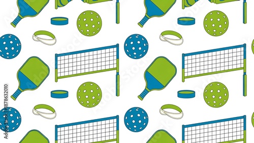 Vibrant pickleball equipment pattern with rackets and balls on court