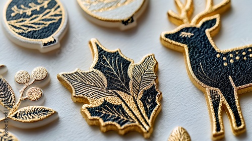 Gilded Forest Treasures: Black and Gold Deer, Leaf, and Berry Ornaments
