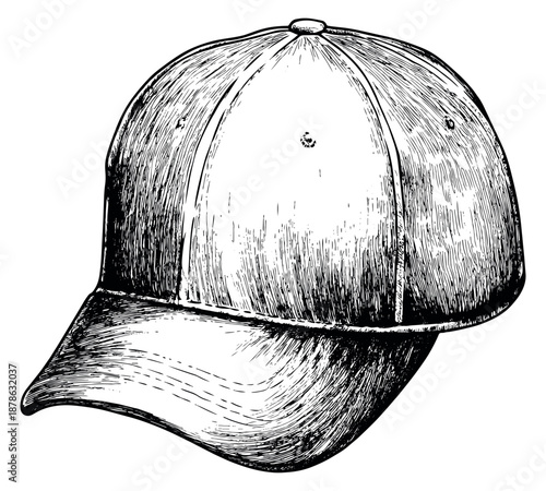 Hand drawn line art illustration of a baseball cap depicting a sporty headwear item for casual fashion
