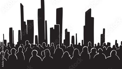Cityscape silhouette with crowd of people in front view