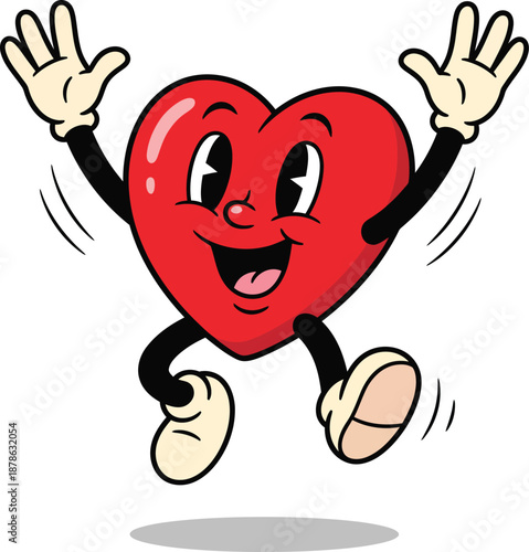 Happy red cartoon heart character with pie eyes and white gloves jumping joyfully.