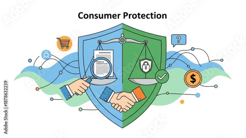 Consumer protection concept with shield hands shaking and scales of justice symbolizing trust and security in business transactions online