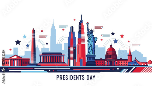 American Landmarks Skyline with Presidents Day Text and Stars - Patriotic Illustration