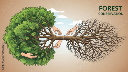 Forest conservation concept with healthy and dead tree branches held by human hands