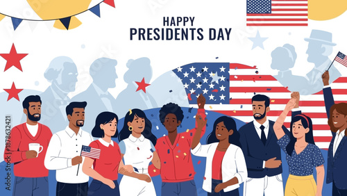 Happy Presidents Day Celebration - Diverse People Waving Flags and Banners