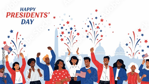 Happy Presidents Day Celebration with Diverse Crowd and Fireworks in Washington D.C.