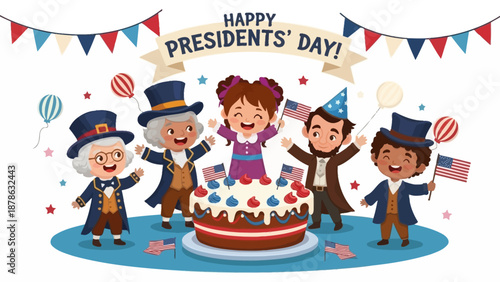 Happy Presidents Day Celebration with Cartoon Historical Figures and Cake