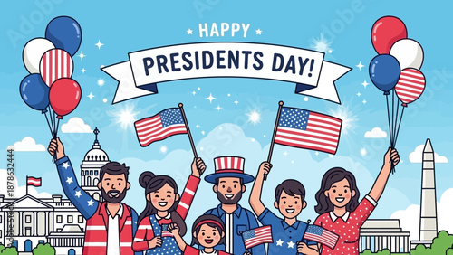 Happy Presidents Day Celebration with American Flags and Balloons