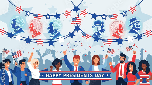 Happy Presidents Day Celebration with Diverse Crowd and US Flags