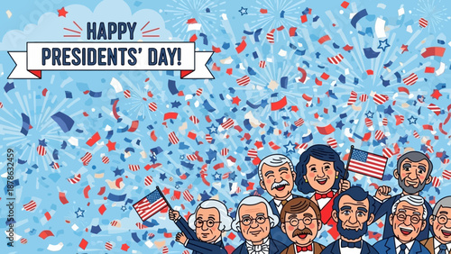 Happy Presidents' Day Celebration with Diverse Group and Confetti