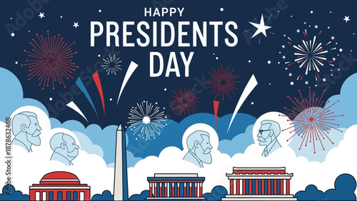 Happy Presidents Day Celebration with Fireworks and US Landmarks