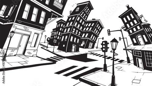 Black and white city street with buildings and traffic