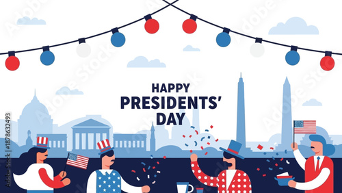 Happy Presidents Day Celebration with Patriotic Decorations and Washington DC Skyline