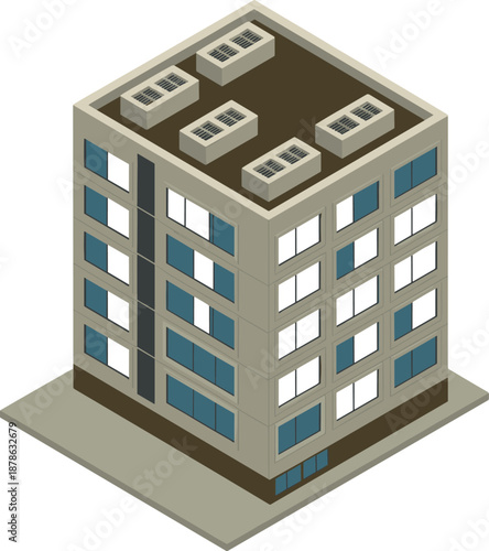 Isometric modern apartment building illustration with rooftop HVAC units glass windows urban residential architecture isolated design
