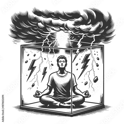 person meditating peacefully inside a glass cube while chaos and lightning rage outside it sketch engraving generative ai fictional character vector illustration. Scratch board. Black and white image.