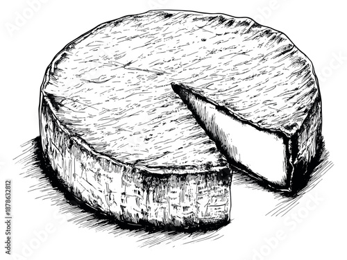 Hand drawn line art illustration of a cheese round depicting a wedge removed for food concepts