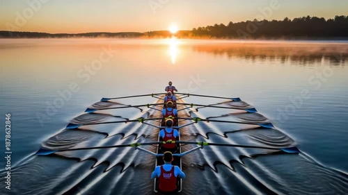Rowing team glides across serene lake at sunrise with eight oarsmen