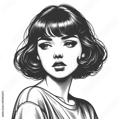 young woman with vintage hairstyle and confident expression, blending classic beauty with modern charm sketch engraving generative ai vector illustration. Scratch board imitation. Black and white.