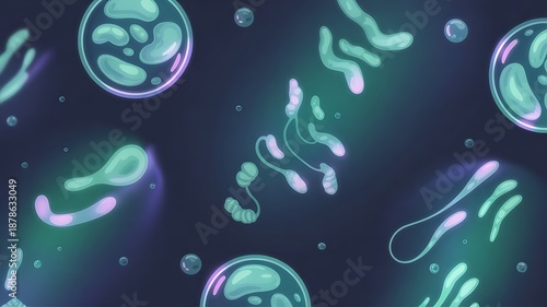 Glowing bacteria cells in dark blue background for science and medical concepts