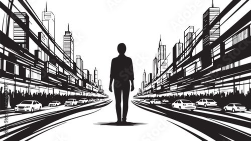 Man standing alone in a busy city street illustration