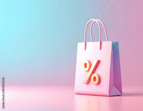 Vibrant 3D render of a pink shopping bag with a golden percentage symbol against a pastel blue and pink gradient, ideal for e-commerce, sales, discounts, and retail promotions