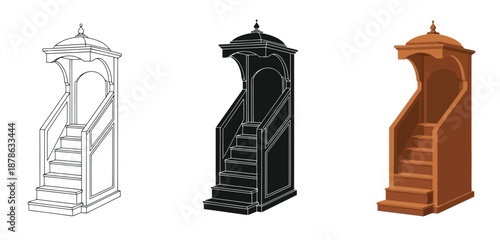 Staircase Vector Set in Three Styles — Line Art, Silhouette and Color Version for Islamic Design, App UI, Posters and Branding