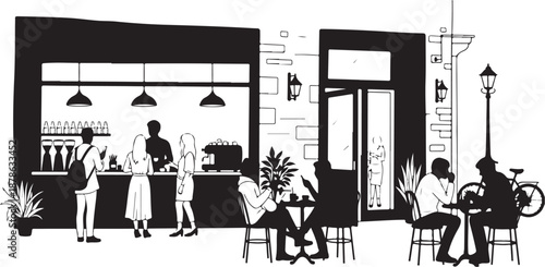 Black and white illustration of a busy cafe scene