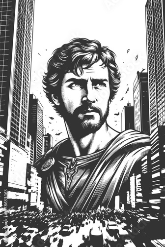 powerful, mythic-looking man towering over a busy modern cityscape, blending ancient heroism with urban drama sketch engraving generative ai vector illustration. Scratch board. Black and white image.