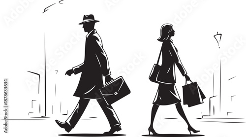 Business people walking in the city with briefcases silhouettes