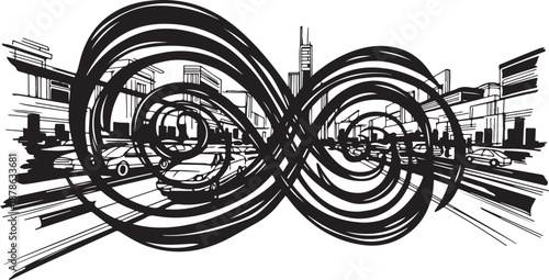 Cityscape with swirling lines and abstract infinity symbol design