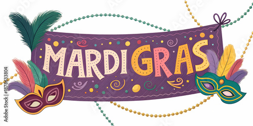 Colorful Mardi Gras banner with feathers and masks in festive design On a white transparent background 