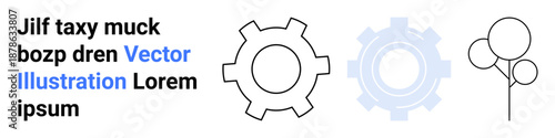 Gears outlined in black, one shaded gray, abstract tree line art, and stylized placeholder text. Ideal for technology, innovation, engineering, creativity, environment education simple landing page