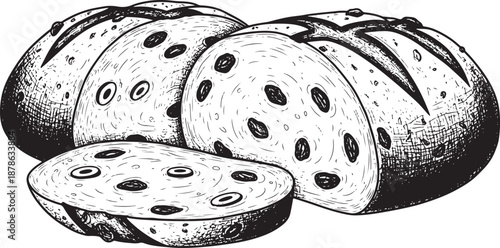 Hand-drawn vintage olive bread loaves and slices illustration Vector