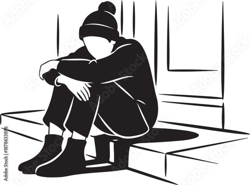 Sad person sitting alone on stairs in black and white