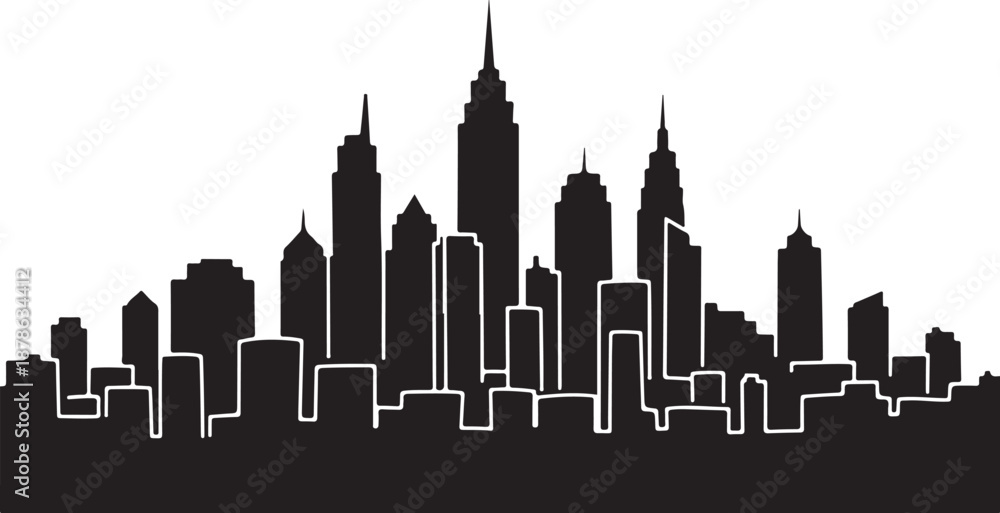 Fototapeta premium Black and white city skyline with tall buildings silhouette
