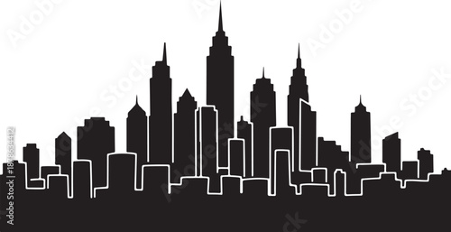 Black and white city skyline with tall buildings silhouette