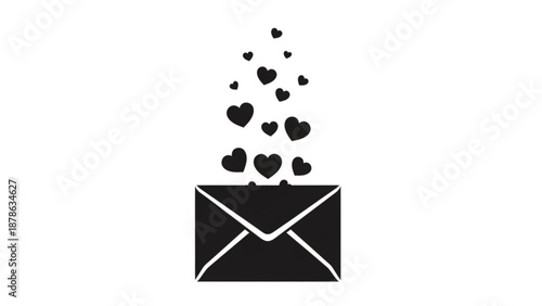 An open envelope with hearts floating out against a plain white background from a direct viewpoint